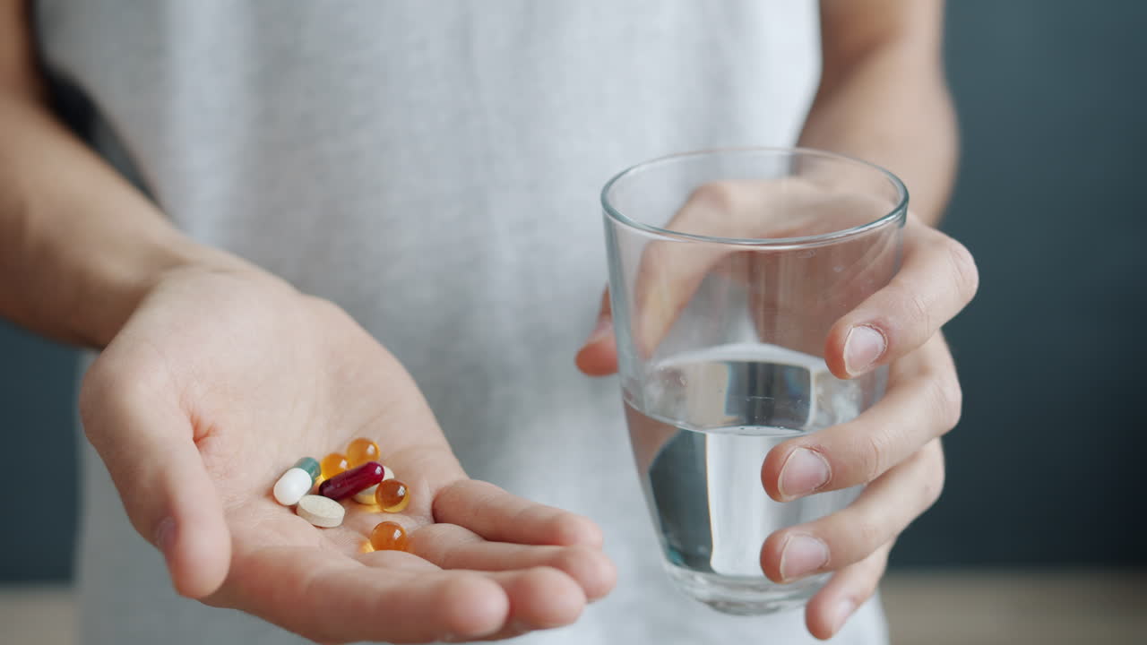 Person holding pills and water