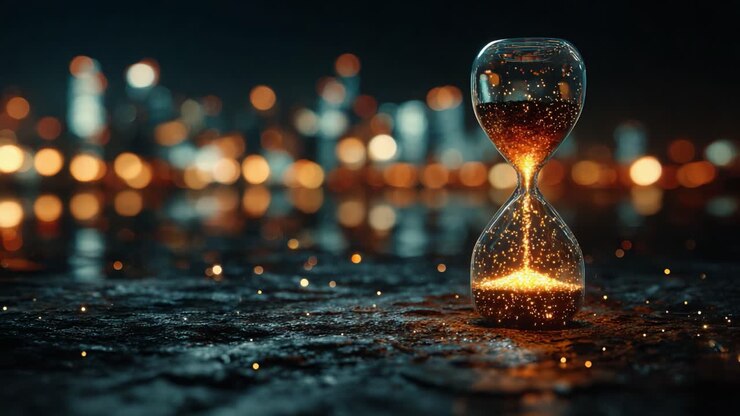 A Cinematic Exploration of Time Passing Through an Elegant Hourglass Surrounded by Dazzling Sparkles Against a Blurry City Skyline