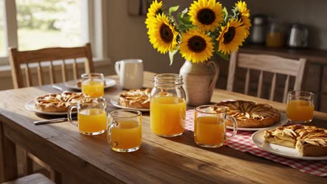 a vibrant breakfast table decorated with sunflowers featuring delicious pastries and fresh juice, capturing the essence of a joyful morning gathering
