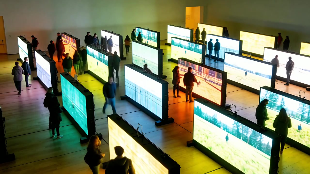 Panning camera showing visitors wearing coats and bags circulating exhibit hall, viewing panels