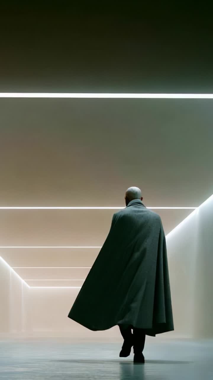 A solitary figure dressed in a long cape walks through a minimalist corridor illuminated by soft, linear lights, creating a sense of mystery and intrigue