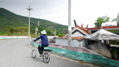 woman wearing blue dress and white hat rides