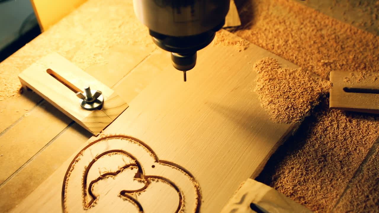 Wood Cut Machine Moves Above Working Table. Industrial wood cut machine moves above working table and drills
