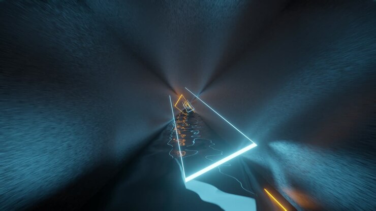 Metal tunnel with blue and orange neon lights. Seamless looped motion graphic minimal animated background