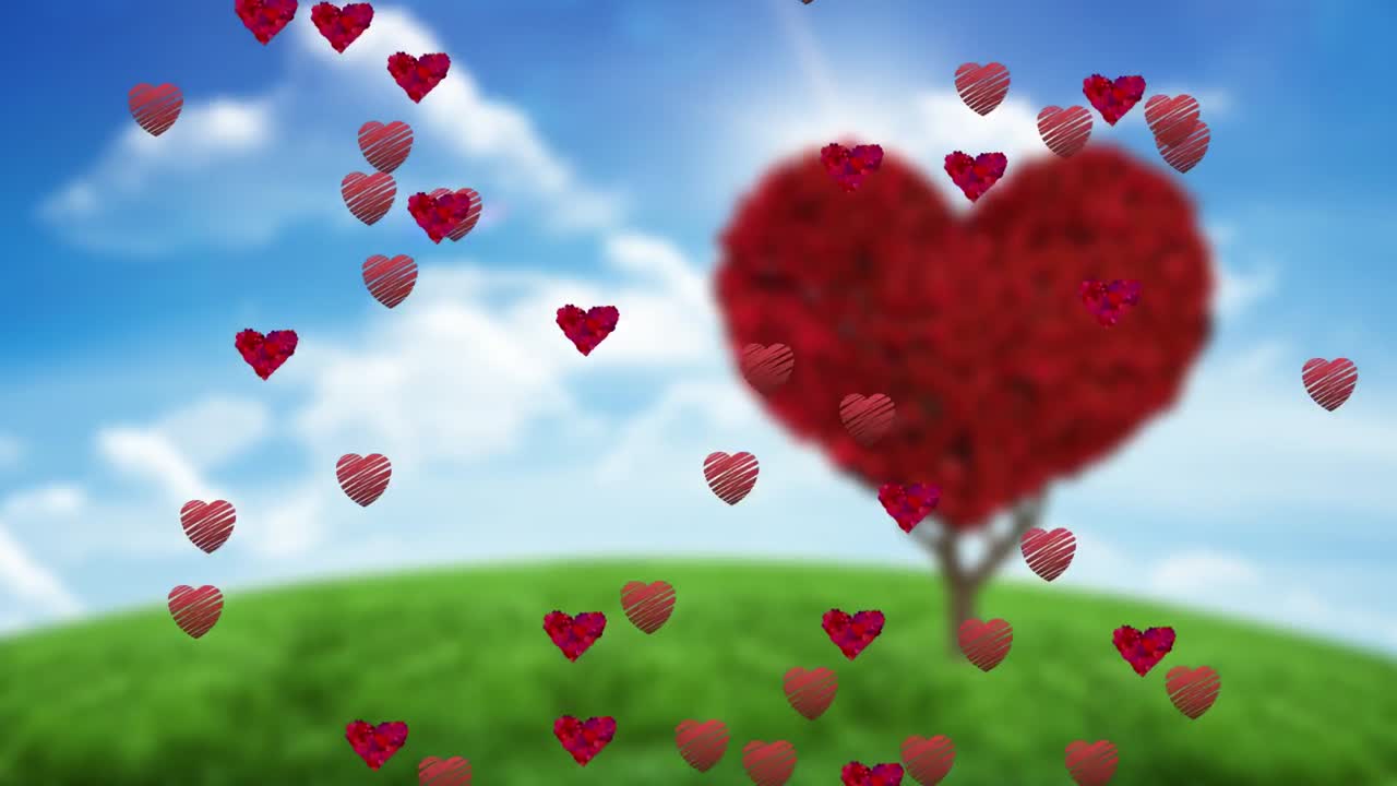 Animazione di icone a forma di cuore che fluttuano su albero a forma di cuore