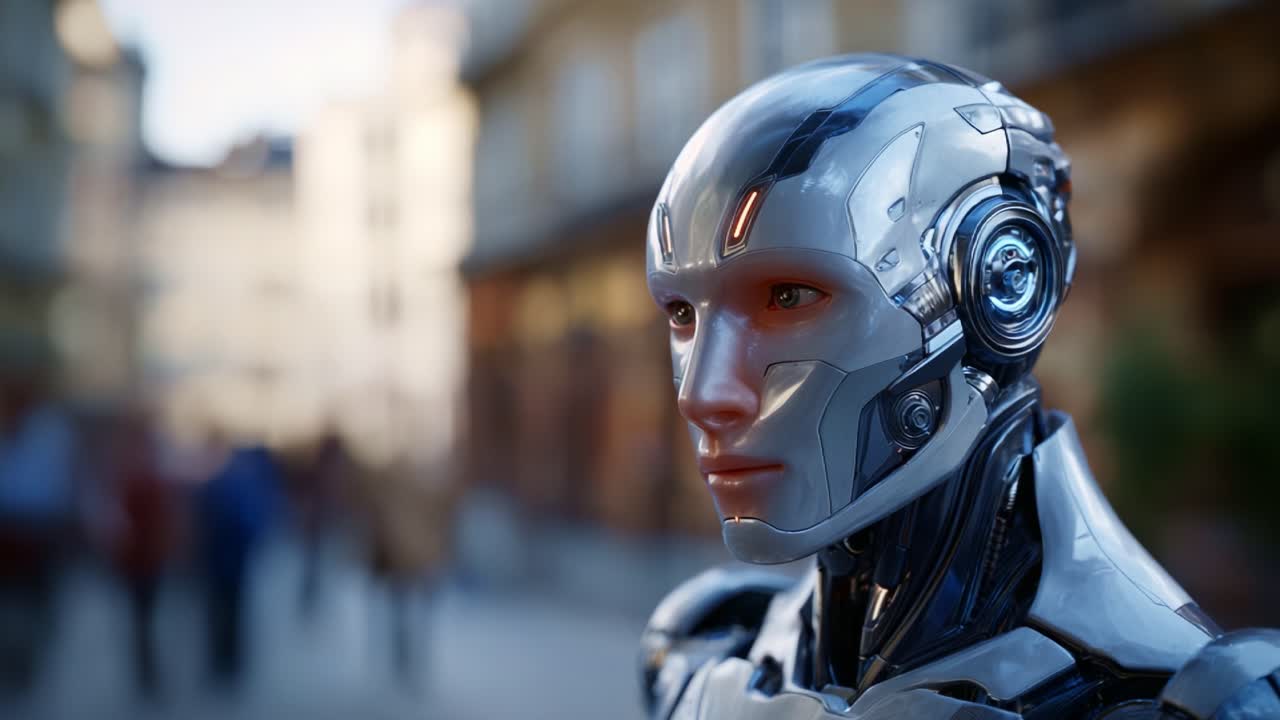 Fütüristik bir insansı robot, şık bir design ve karmaşık detaylarla gelişmiş teknolojiyi sergileyerek bir AI ve sanat karışımını vurgulayan bir şehir ortamında duruyor