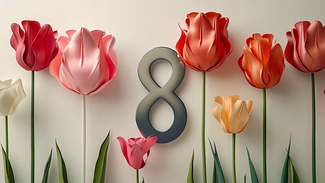 Metallic Number 8 Surrounded by Colorful Tulips for International Women's Day