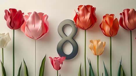 metallic number 8 surrounded by colorful tulips for international women's day