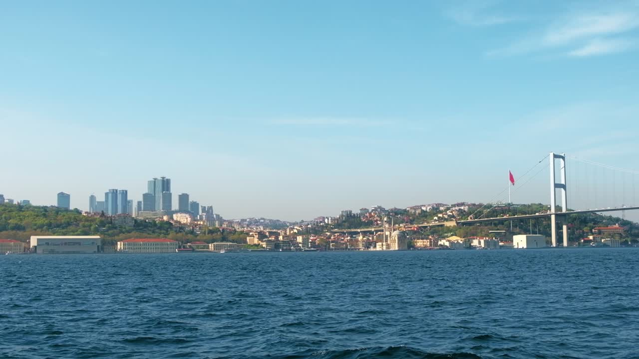 Paesaggio urbano di Istanbul, Turchia. Lo stretto del Bosforo con barche, file di edifici, moschea e ponte