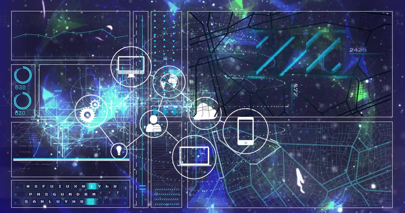 Cloud icon popping, central hub forming as device icons connecting and map showing data flow