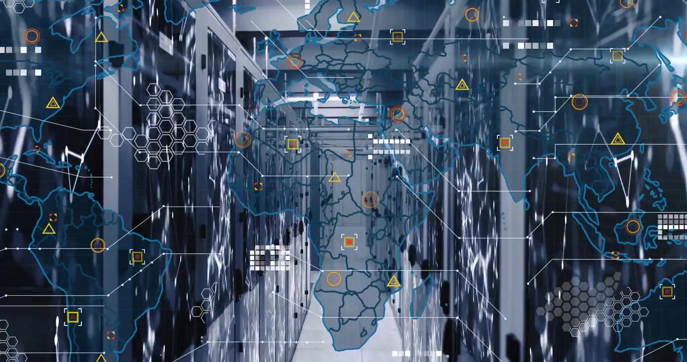 Digital World Map Overlay in Modern Data Center Server Room