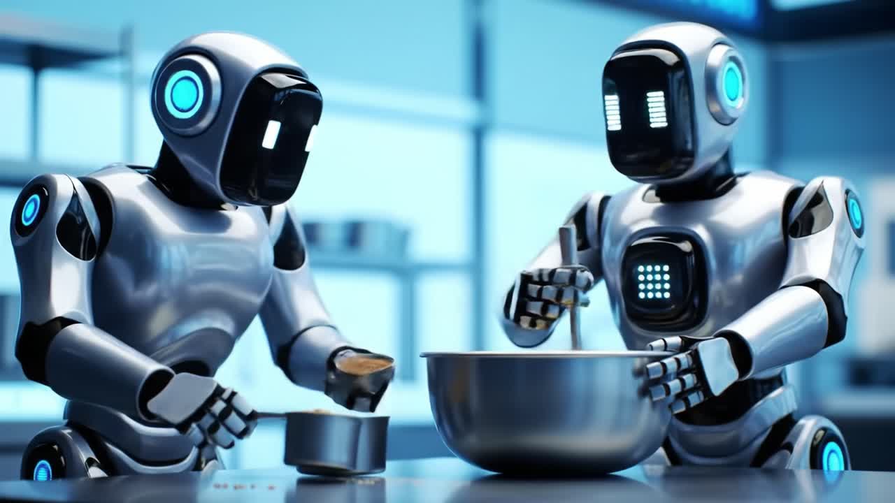 Innovative Robots Collaborate in a High-Tech Kitchen, Skillfully Mixing Ingredients to Create Culinary Masterpieces of the Future