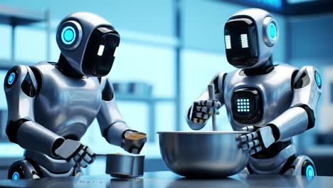 innovative robots collaborate in a high-tech kitchen, skillfully mixing ingredients to create culinary masterpieces of the future