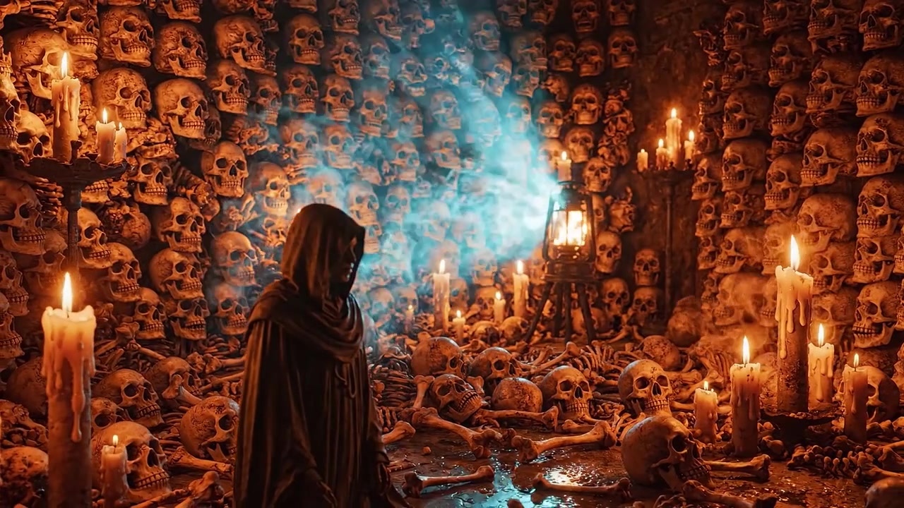 Una figura misteriosa avvolta nell'ombra si erge in mezzo a un muro di teschi e ossa, con candele tremolanti che proiettano un bagliore inquietante e fumo che si avvolge nell'atmosfera.