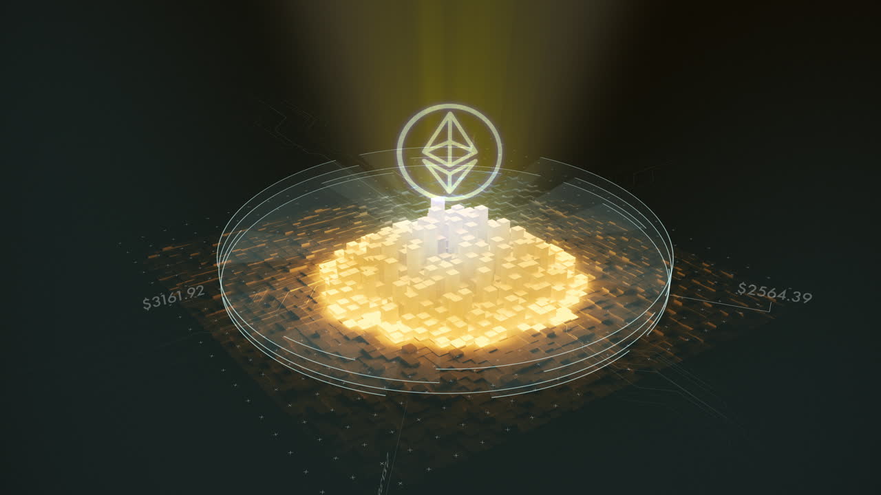 Ethereum Kryptowährungssymbol mit digitaler Finanzdatenanzeige