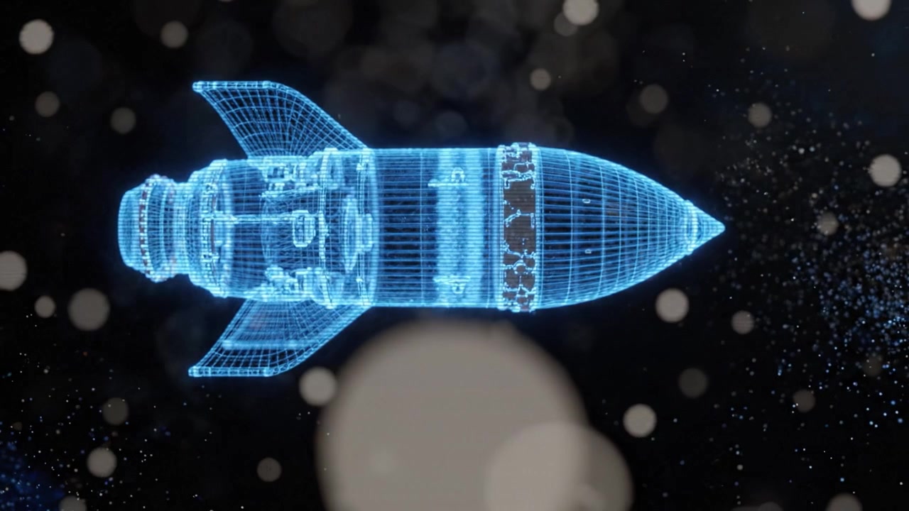 Futuristic Holographic Rocket in Space: A Stunning Visualization of Advanced Aerospace Technology Captured in Two Dynamic Frames
