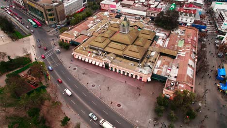 Santiago-de-Chile-Central-market,-colonial-building-view-from-above,-Orbiting-shot