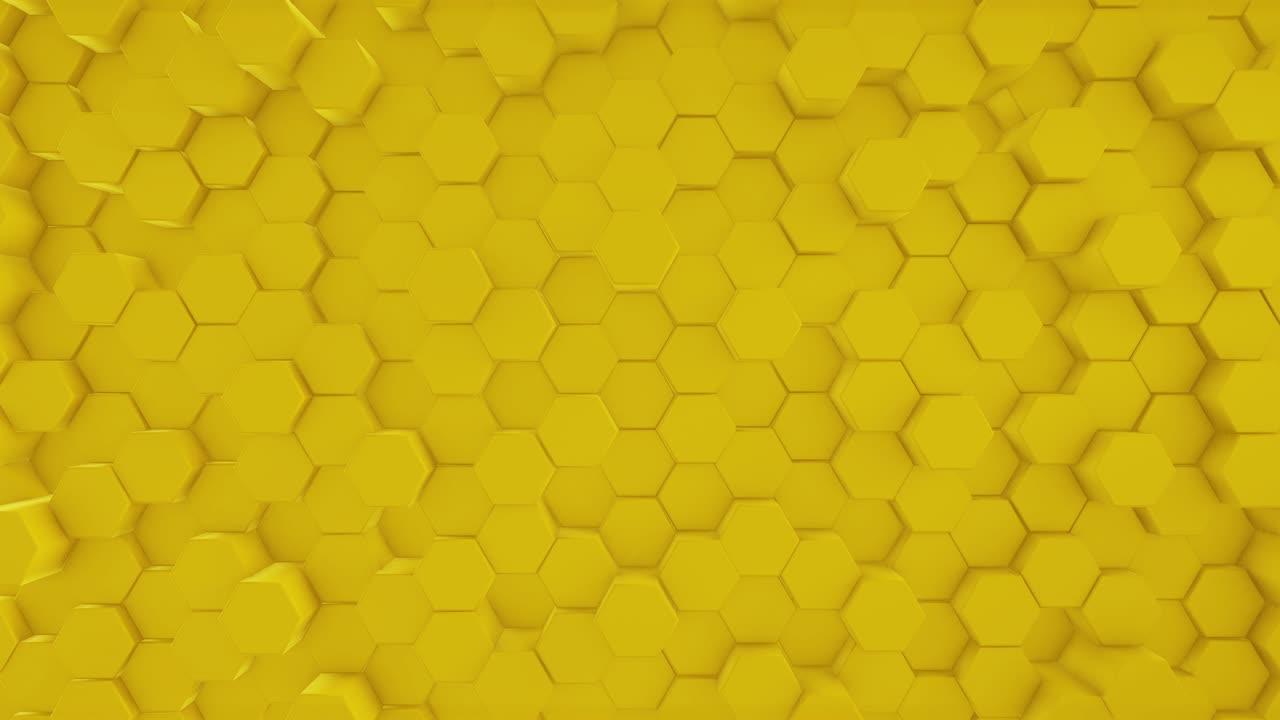 minimalismo amarillo alegre hexágonos prismáticos futuristas, panal, seis, movimiento en un fondo minimalista. el concepto de diseño y tecnología. animación 3d. cuadrícula.