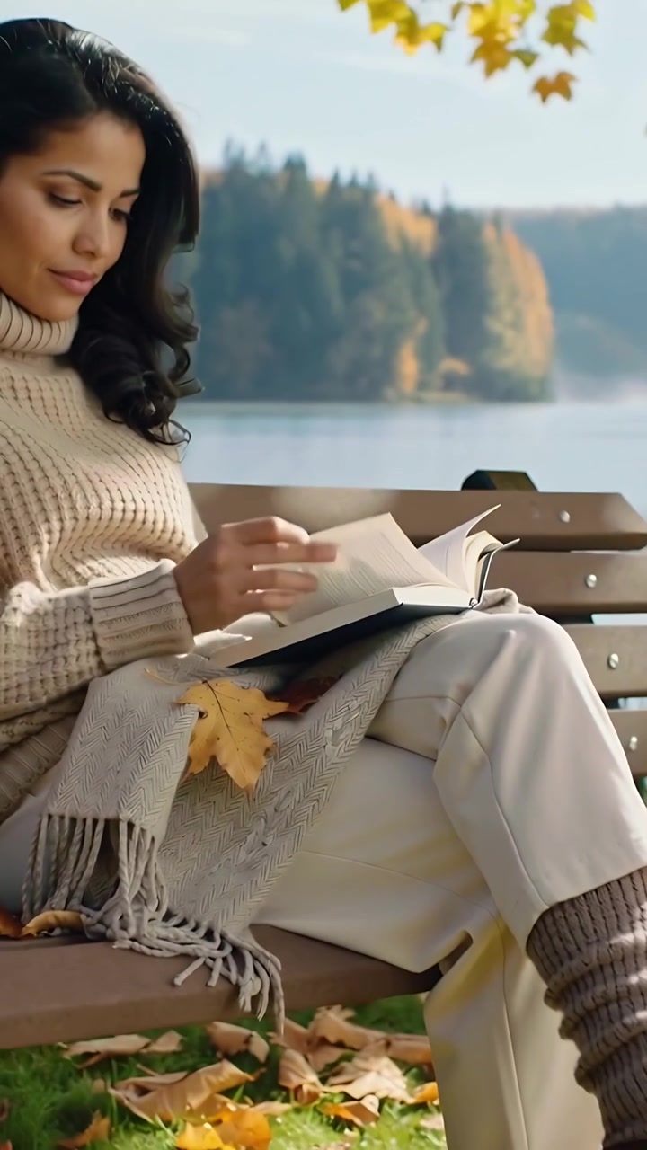 Video verticale: Donna che legge in maglione sfoglia pagine di un libro su una panchina in riva al lago, la telecamera si allontana