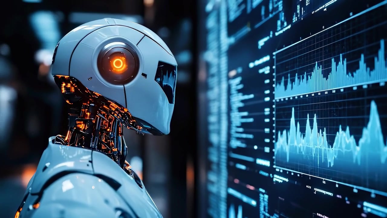 Futuristic Robot Analyzing Digital Data and Graphs on a Screen