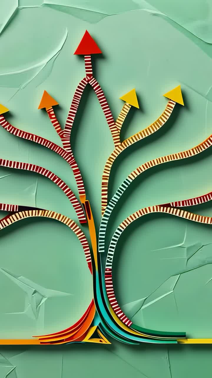 Vertical video: Animating striped paths branching upward on green backdrop, with colored arrowheads