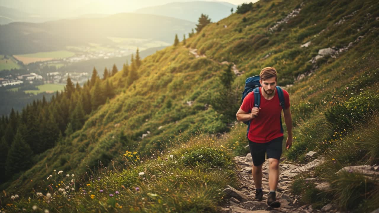 A Journey Through Nature: Captivating Hiker Ascending a Scenic Mountain Trail Amidst Lush Greenery and a Picturesque Landscape in the Background