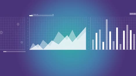 animation of multiple graphs, map, loading bar against blue background