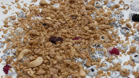 tasty muesli berry yogurt for breakfast close up. delicious vegetarian food.