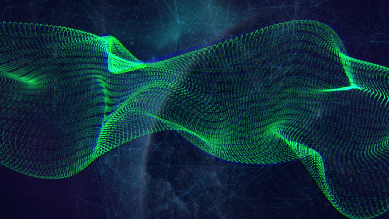 Animation of dynamic wave pattern over connected dots and rotating globe against abstract background