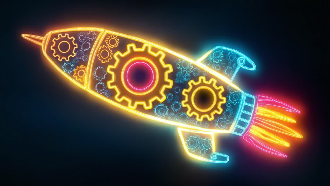 Glowing neon rocket ship with internal steampunk gears launching into space on a dark background. Creative animation symbolizing innovation, startup, technology, and engineering progress