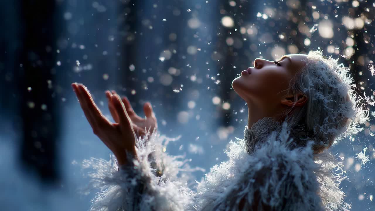 Enchanting Winter Scene of a Woman in a Snowy Forest, Captured in Two Frames, Illustrating the Serenity and Beauty of Nature, as Snowflakes Dance Around Her in Magical Light