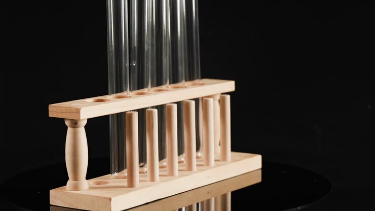A wooden test tube rack holding multiple glass tubes, displayed against a black background.