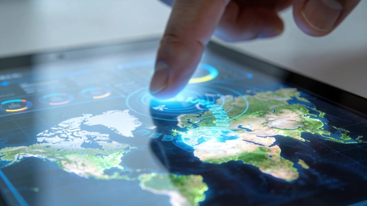 Tapping finger moving on tablet map at desk, revealing data via HUD rings, charts, copy space