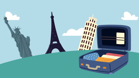 bon voyage animation with landmarks and suitcase