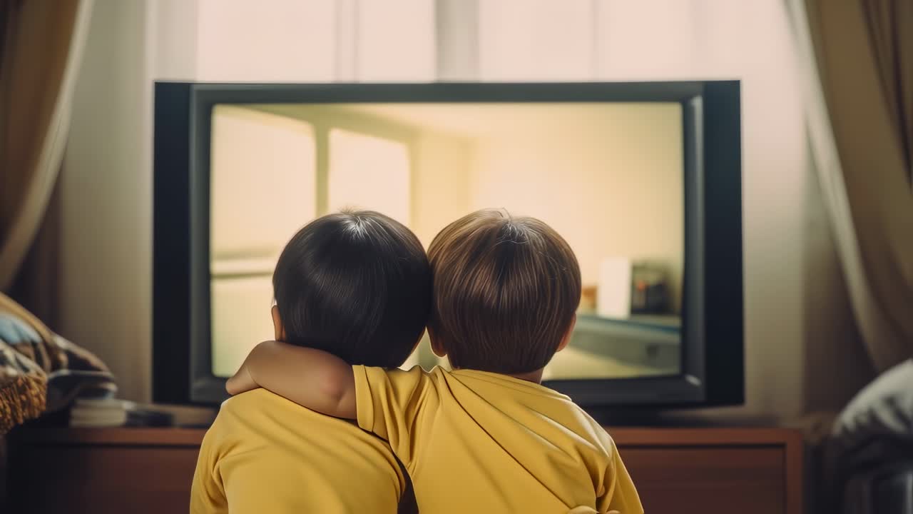 Two little brothers in bright yellow t shirts sharing a warm hug while enjoying their favorite television show at home, with a sunny window casting a gentle glow in the background
