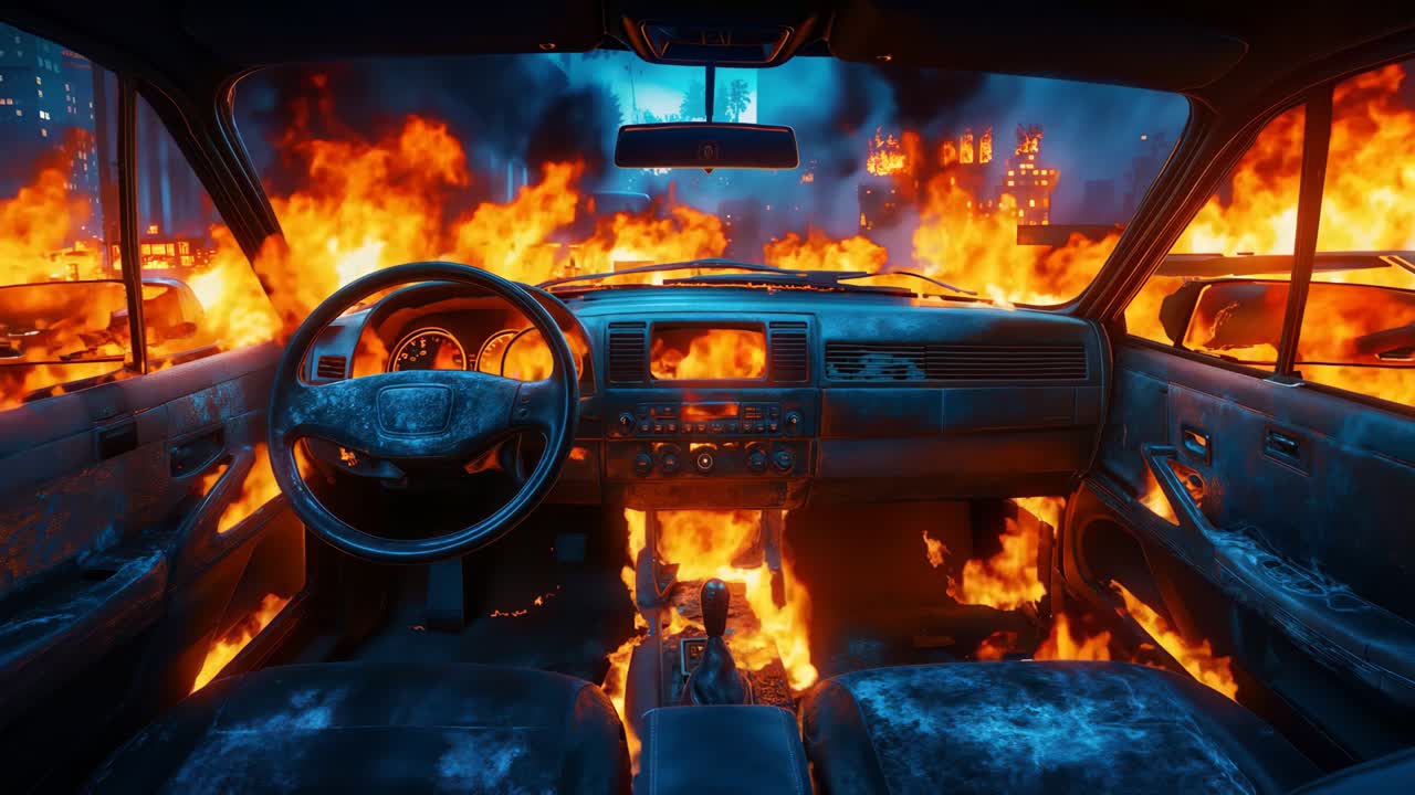 un coche está envuelto en llamas en el medio de una ciudad