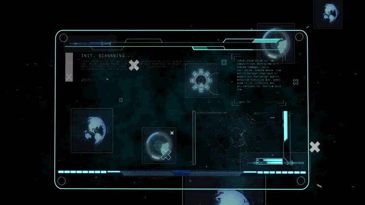 Animation of digital data processing over screens on dark background