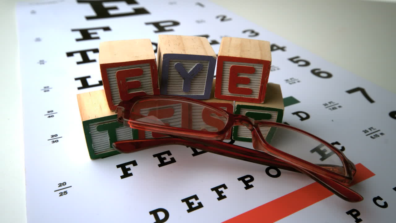gafas cayendo sobre la prueba de ojo con bloques deletreando prueba de ojo