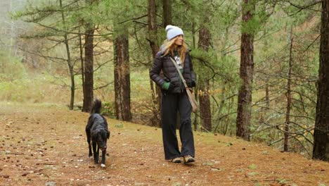 Frau-Geht-Mit-Ihrem-Schwarzen-Hund-Im-Grünen-Wald-Spazieren,-Genießt-Und-Verbringt-Gemeinsam-Zeit-In-Der-Natur