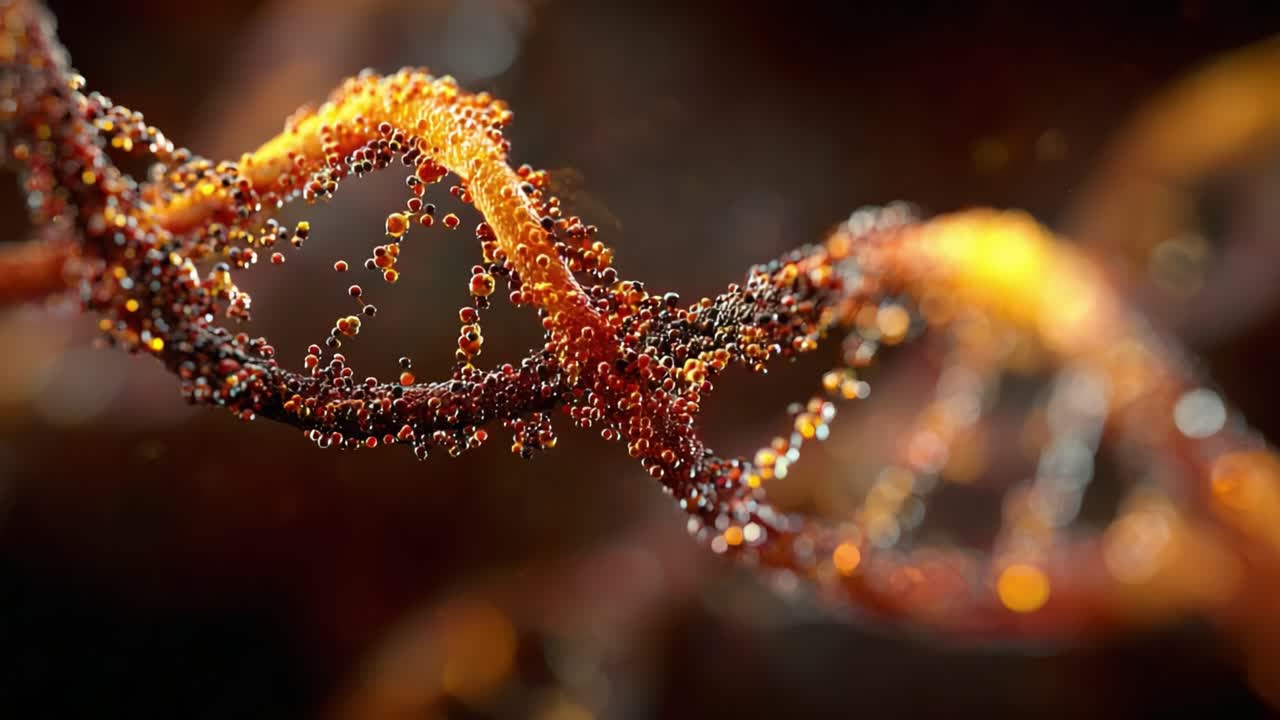 Intricate Visualization of DNA Helix with Glimmering Particles, Showcasing the Complex Structure and Molecular Beauty of Genetic Material Under Close Examination