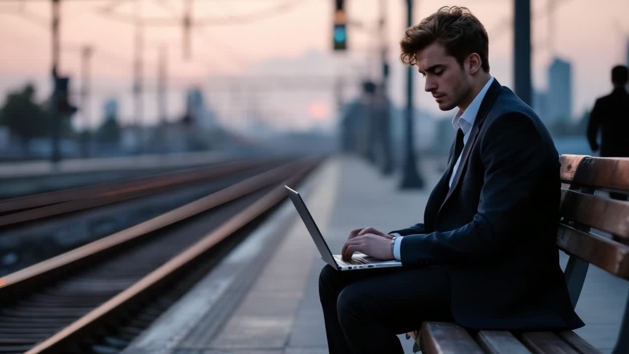 Man Working on Laptop at a Train Station Platform