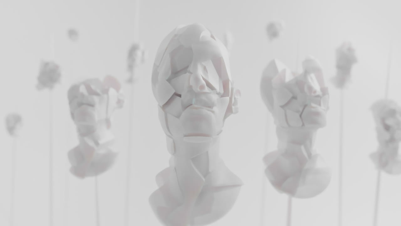 Multiple crushed android heads on spikes in white space