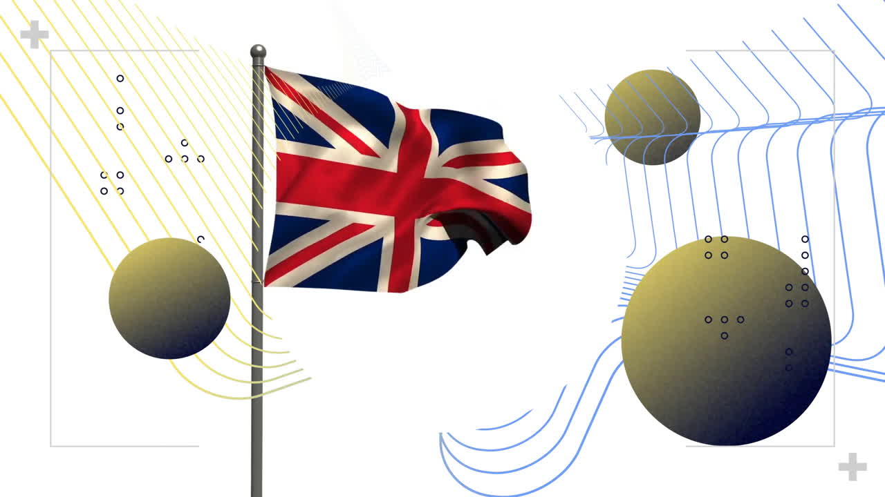 Union Jack flag waving with animation of abstract geometric shapes and lines