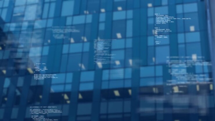 Animation of screens with data processing against tall building