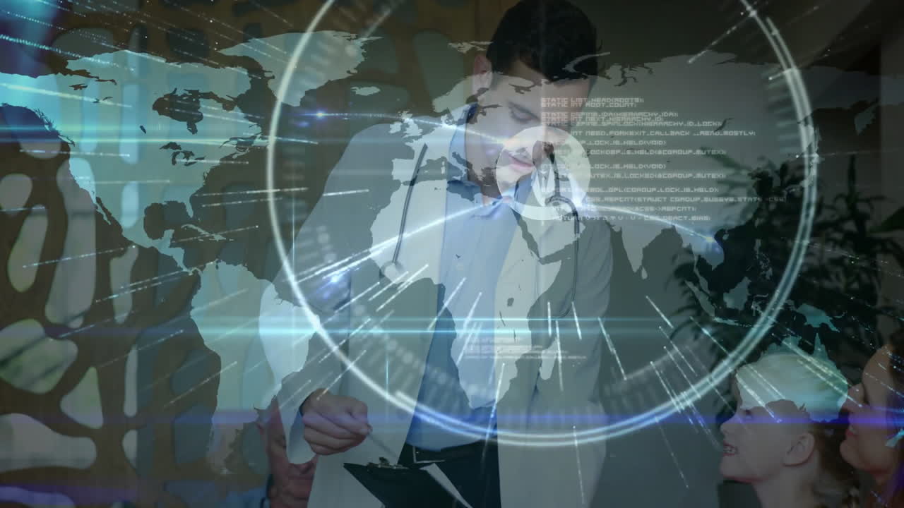 Doctor examining patient with world map and data processing animation overlay