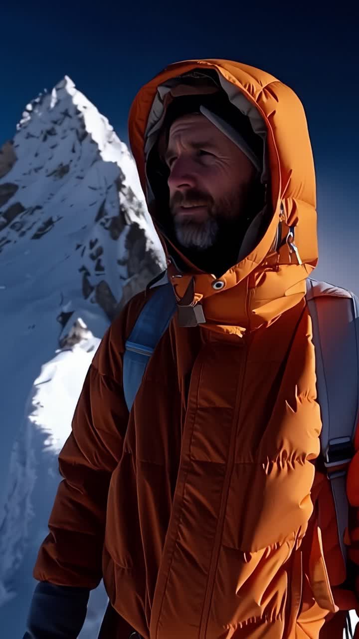 Uomo in piedi sulla cima di una montagna innevata. Indossa una giacca isolante arancione brillante. Cielo blu e nuvole circondano la vetta. Guarda la vasta catena montuosa sottostante. Sensazione di trionfo e isolamento.