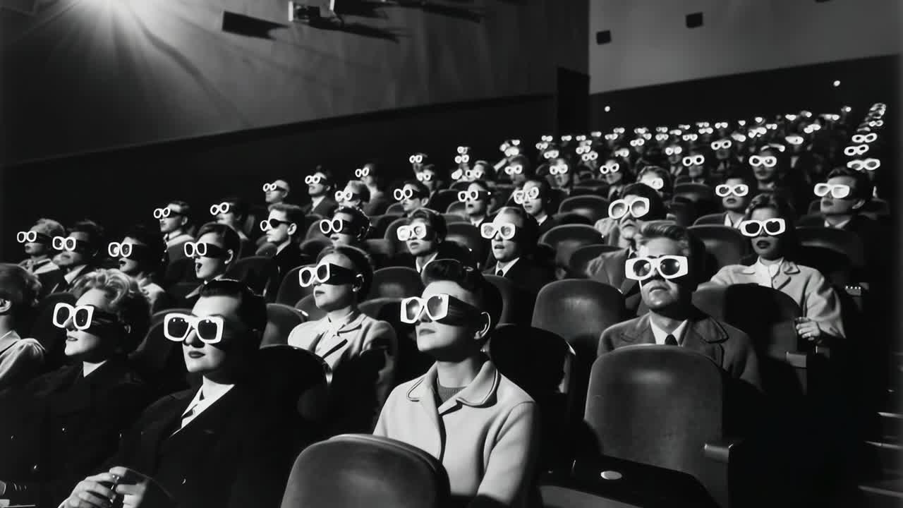 Black and white video still of an audience wearing 3D glasses in a theater, captured from a front