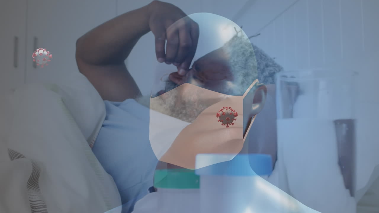 침대에 누워 있는 병든 사람 위에 얼굴 마스크를 쓴 남자의 애니메이션