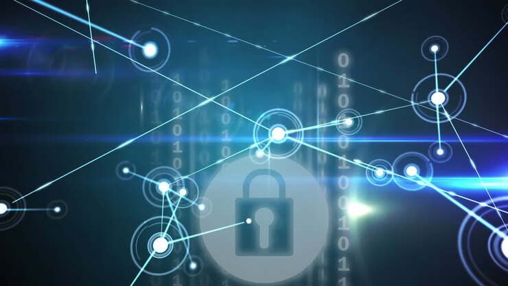 Digital animation of network of connections over security padlock icon on blue background