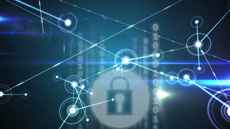 digital animation of network of connections over security padlock icon on blue background